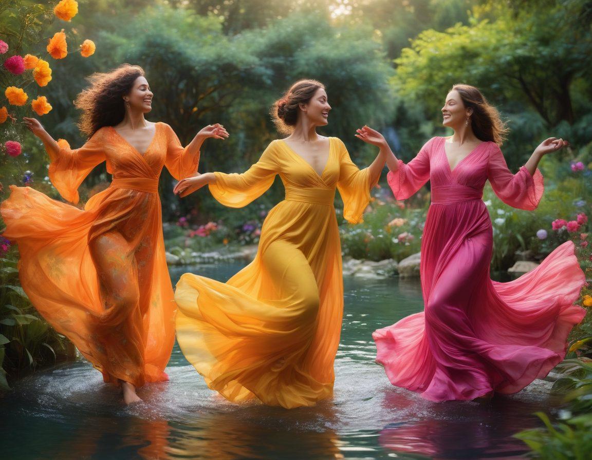 A serene setting showcasing a diverse group of empowered women in a lush garden, embracing sensuality through dance and art. Colorful flowing fabrics swirl around them, with soft glowing lights highlighting their joyful expressions. Include elements of nature like blooming flowers and gentle water streams, symbolizing pleasure and femininity. The atmosphere should convey warmth and empowerment. vibrant colors. super-realistic.